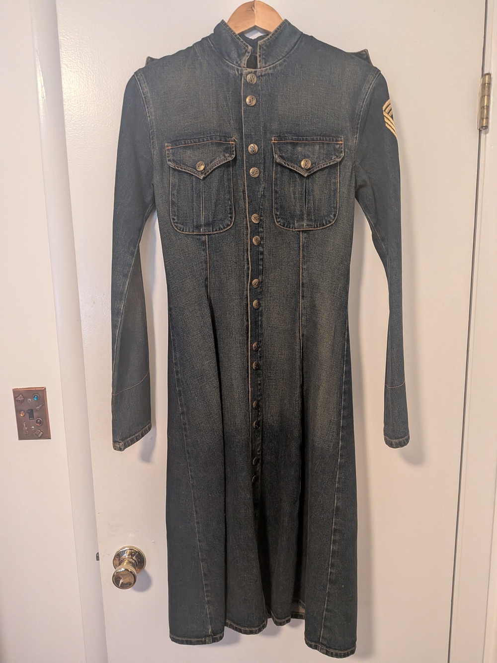 LiX Jeans Limited Edition 90s Denim Maxi Coat Military Patch Brass Buttons